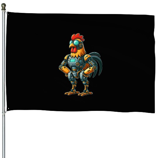 Robot chicken rooster hen cyborg mechanical design House Flags