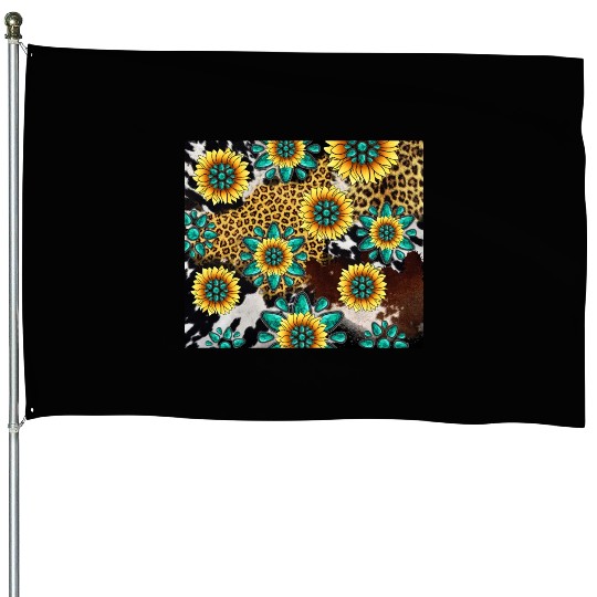 Turquoise Gemstone Sunflowers Leopard Cowhide House Flags