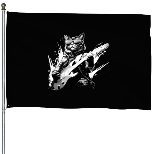 Love Rocker Cat Playing Guitar Music Musician House Flags