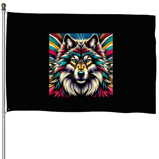 Colorful Wolf Art House Flags - Vibrant Animal Lover