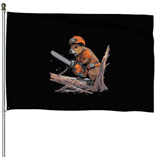Beaver Lumberjack Chainsaw House Flags