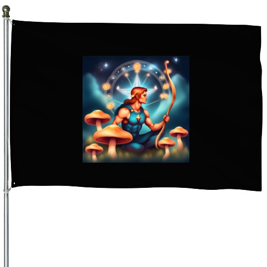 Sagittarius zodiac sign with mushrooms House Flags