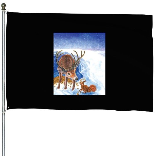 Red Deer and Squirrel in Winter Illustration House Flags