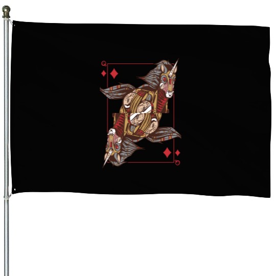 Unicorn steampunk card game Queen of Diamonds Poke House Flags