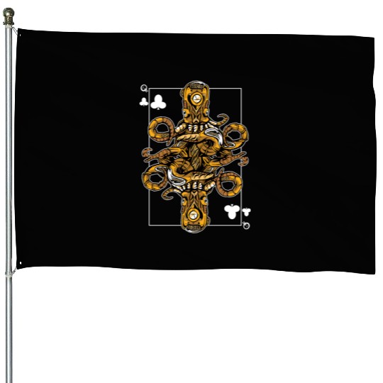 Octopus Steampunk Card Game Queen of Clubs Poker House Flags