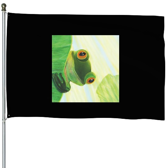 Cute Green Frog Peeping out From Behind Lily Pad House Flags