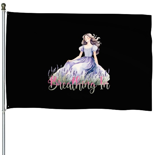 Girl in Lavender Dress Relaxing in Flower Field House Flags