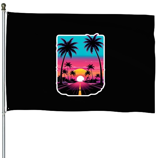 Lonely Road to Miami Sunset Vaporwave 80s House Flags