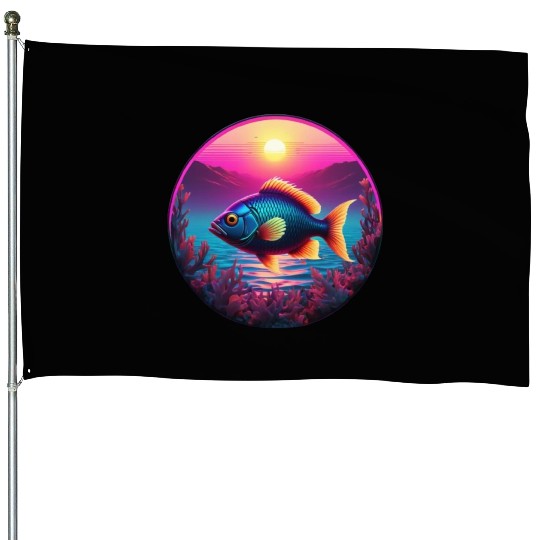Synthwave Fish and Coral and a Sunset and Ocean House Flags