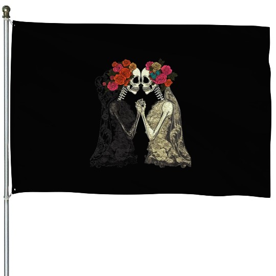 Lesbian Couple Skeletons Kissing LGBTQ Pride House Flags