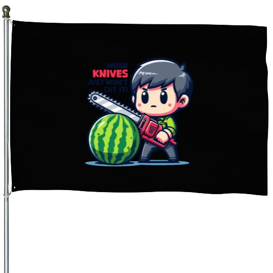 Cutting Watermelon - Melon Chainsaw House Flags
