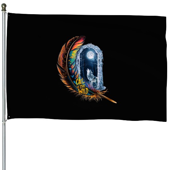 Glowing feather with wolf howling at the moon House Flags