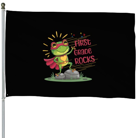 First grade Rocks Back to school Frog superhero House Flags