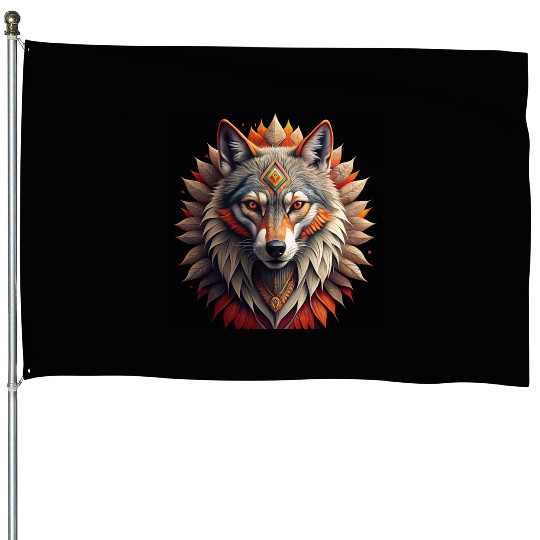 Striking and powerful image of a wolf with tribal House Flags