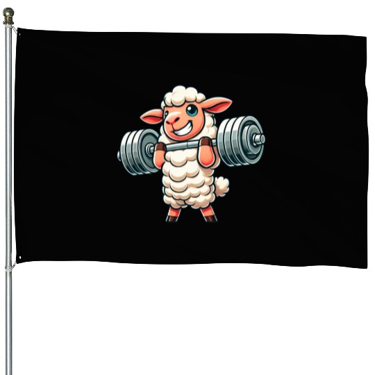 Cute sheep lamb weightlifter fitness workout House Flags