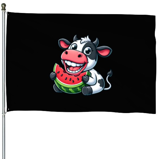 Funny cow bull steer watermelon summer fruit House Flags