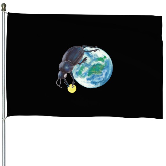 Sacred Scarab Beetle Rolling Earth And Moon House Flags