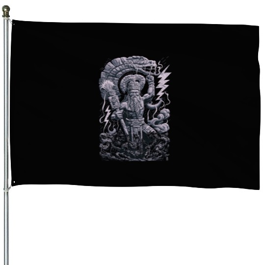 Maya God Mayan Mythology Chaac with Lightning and House Flags