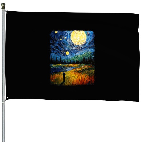 Golf Player Golfer Golfing Starry Night Painting House Flags