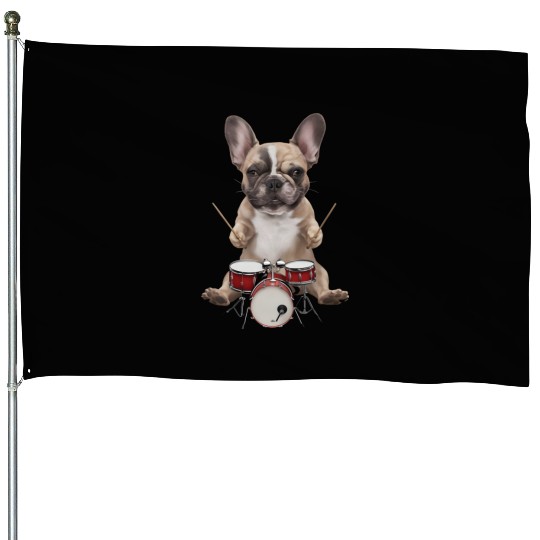 Frenchie Playing Drums Realistic House Flags