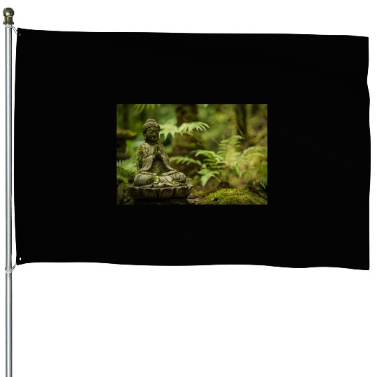 Zen Buddha Statue in Serene Forest Setting House Flags