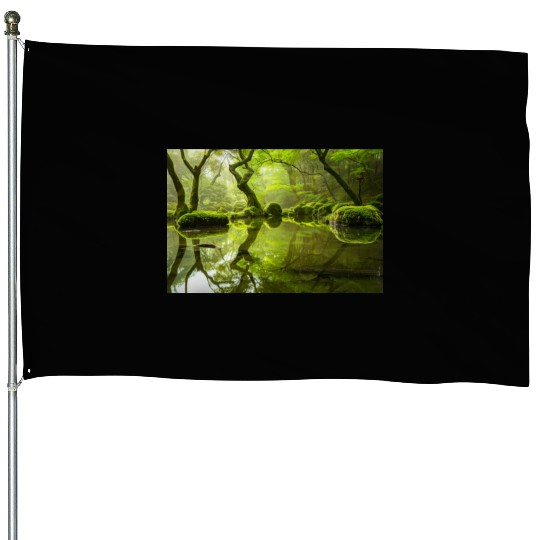 Enchanted Forest Reflections in Tranquil Pond House Flags