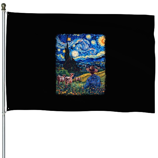 Cow Farmer Farming Farm Starry Night Painting House Flags