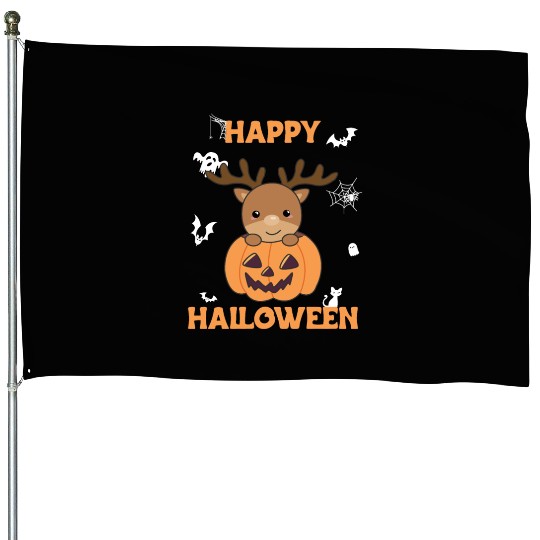 Deer In Pumpkin Cute Deer Happy Halloween House Flags