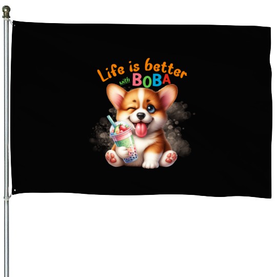 Corgi with BOBA tea Milk TEA Bubble tea House Flags