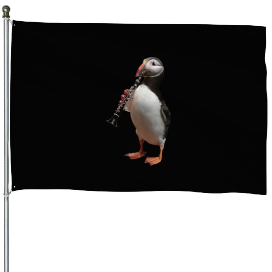 Atlantic Puffin Playing Clarinet Realistic House Flags
