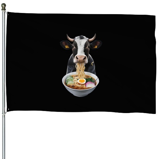 Cow Eating Ramen Realistic House Flags