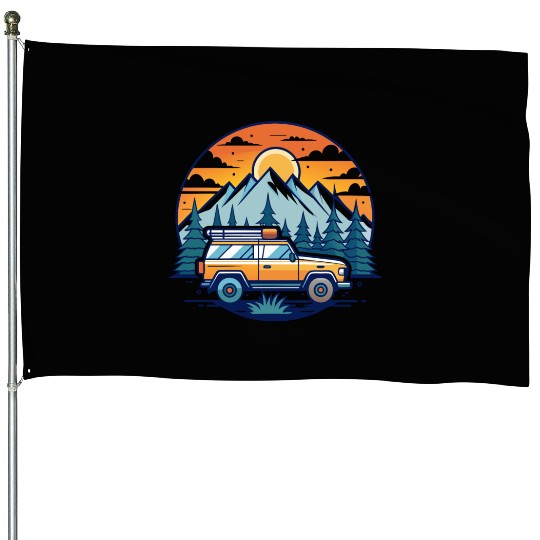 Camper Van parked Lake with Mountains House Flags