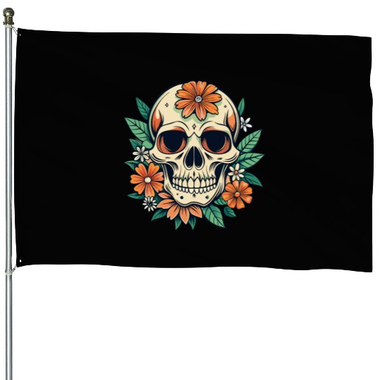 Vintage Retro Halloween Sugar Skull with floral House Flags
