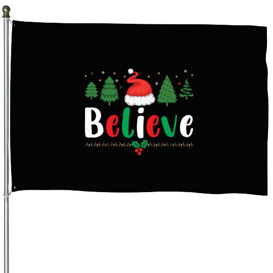 Merry Christmas Believe Santa Claus Hat Xmas Tree House Flags