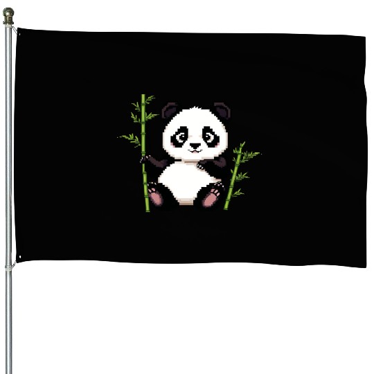 A pixel art of a panda with a bamboo leaf House Flags