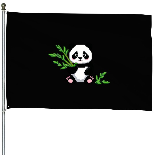 A pixel art of a panda with a bamboo leaf House Flags