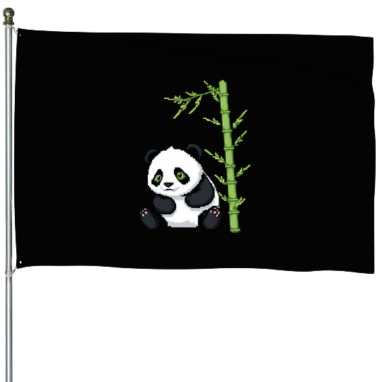 A pixel art of a panda with a bamboo leaf House Flags