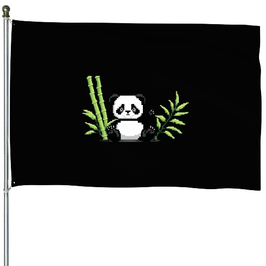 A pixel art of a panda with a bamboo leaf House Flags