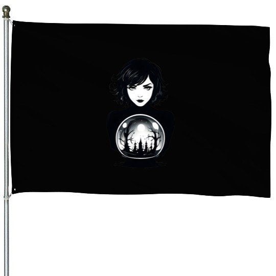 Witchy Woman Gazing into a Crystal Ball House Flags
