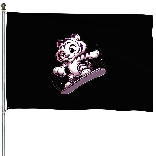 Cute Snowboarder Tiger House Flags