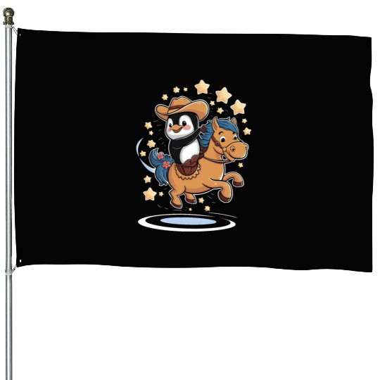 Adorable Penguin Cowboy Riding a Magical Pony House Flags