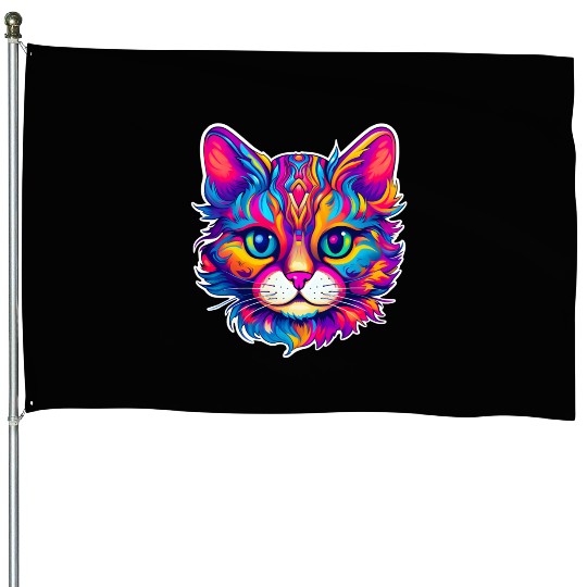 Psychedelic Cat - Groovy Neon Feline House Flags