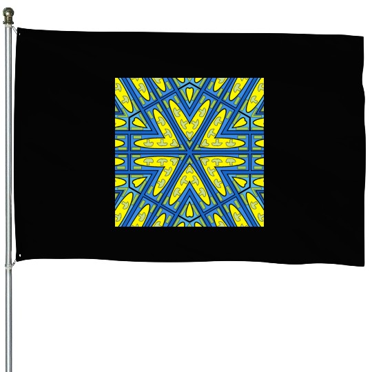 mushroom yellow blue green mandala House Flags