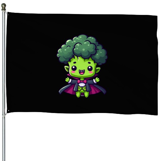 Cute Halloween Broccoli Vampire Cartoon Green House Flags