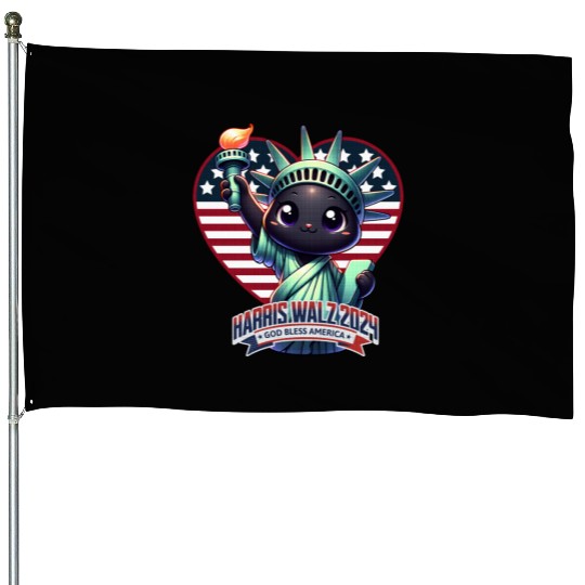 Cute Cat as Statue of Liberty with Harris Walz House Flags