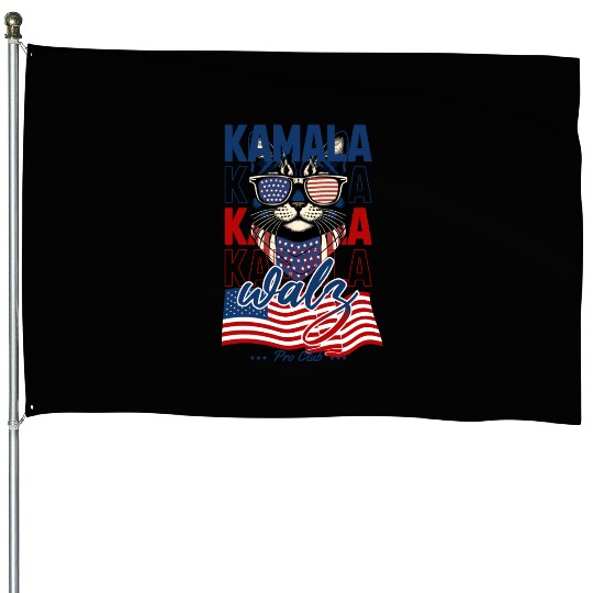 Patriotic Cat with Sunglasses and Kamala-Walz 2024 House Flags