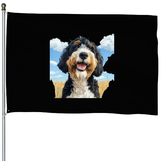 Bernedoodle Field Nature Bernedoodle Watercolor 2 House Flags