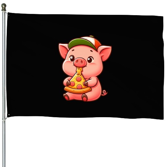 Funny pig pizza cartoon farmer agriculture House Flags