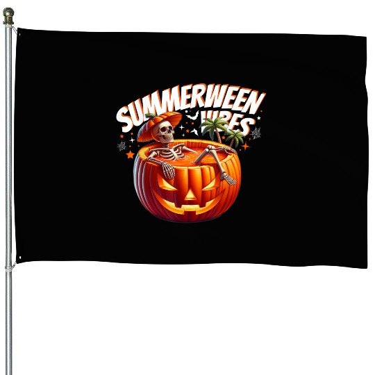 funny Summerween Vibes Skeleton Pumpkin Summer Vac House Flags