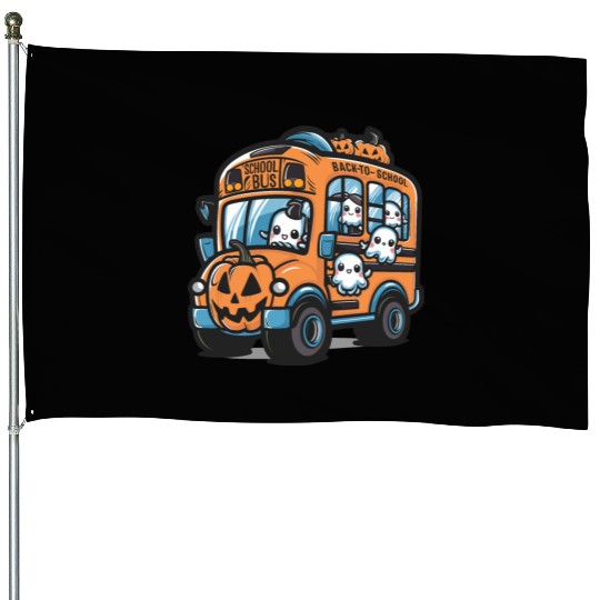 Ghost Halloween School Bus House Flags